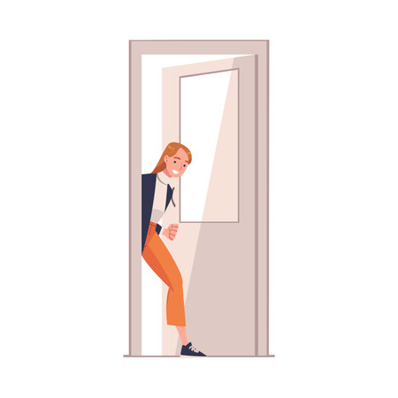 Woman Character at the Door Opening It Entering Home Vector Illustrationのイラスト素材