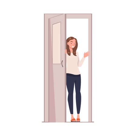 Woman Character At The Door Opening It Entering Home Vector Illustrationの素材 Fy ストックフォトのamanaimages Plus