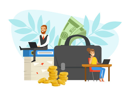 Happy Man and Woman Character Working in Office at Huge Briefcase and Dollar Banknote Earning Money Vector Illustrationのイラスト素材