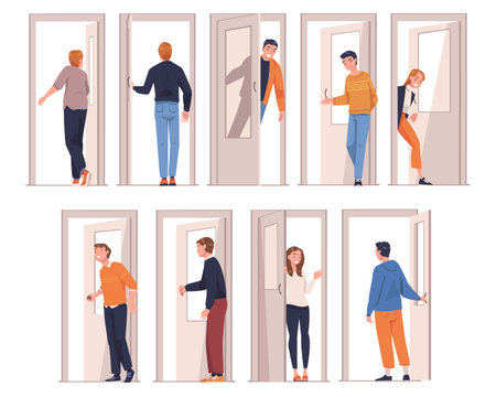 People Character at the Door Opening and Closing It Entering and Leaving Home Vector Illustration Setのイラスト素材