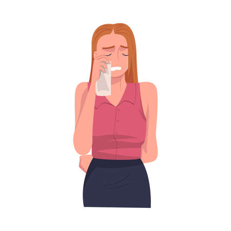 Crying Woman Character Weeping and Sobbing from Sorrow and Grief Feeling Sad and Upset Vector Illustrationのイラスト素材