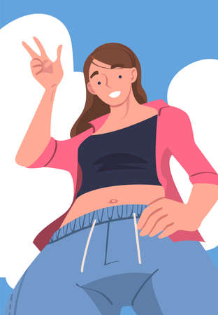 Woman Character Standing Looking from Above Friendly Smiling and Showing V Sign Gesture Vector Illustrationのイラスト素材