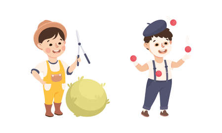 Little Boy Gardener with Pruners and Juggling Balls Representing Profession Vector Setのイラスト素材