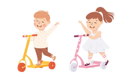 Smiling Boy and Girl Riding on Kick Scooter Pushing Off the Ground Waving Hand Vector Setのイラスト素材