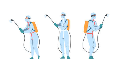 Man in Protective Antiviral Suit Spraying Disinfectant Agent as Preventive Measure Against Spread of virus Disease Vector Setのイラスト素材
