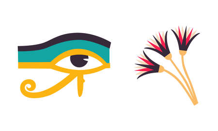 Eye of Horus or Udjat and Lotus Flower as Ancient Egyptian Symbol of Royal Power Vector Set