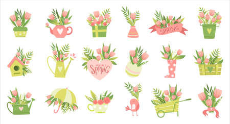 Spring Flowers Bouquet and Tulip Composition with Watering Can, Umbrella and Boot Vector Big Setのイラスト素材