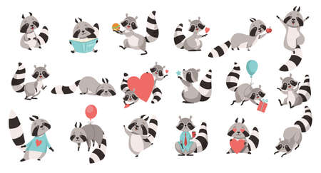 Funny Raccoon Animal with Ringed Tail Engaged in Different Activity Big Vector Setのイラスト素材