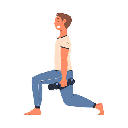 Young Man Character with Dumbbell Doing Lunge as Sport at Home Vector Illustrationのイラスト素材