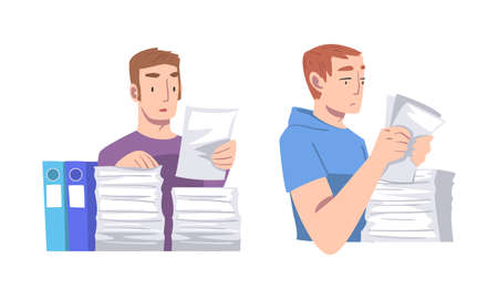 Businessman sitting at table with huge piles of paper documents set cartoon vector illustrationのイラスト素材