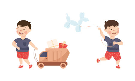 Cute little boy in everyday activities set. Smiling kid pulling toy truck and playing with dog balloon cartoon vector illustrationのイラスト素材