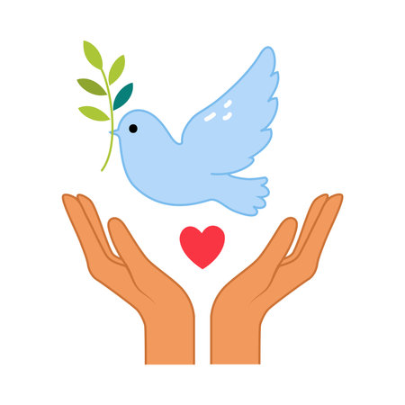 Peace with Cupped Human Hands and Flying Pigeon as Symbol of Friendship and Harmony Vector Illustrationのイラスト素材