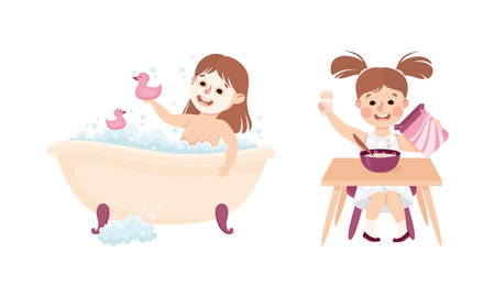 Cute little girl daily routine. Cute kid eating breakfast and bathing in bathtub cartoon vector illustrationのイラスト素材
