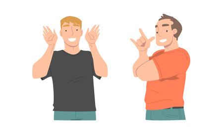 Cheerful people communicating with hand gestures set. Men showing rock and roll and holding palms near ears and listening cartoon vector illustrationのイラスト素材