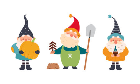 Set of garden gnomes. Dwarfs holding pumpkin and fir tree seedling, cute fairy tale characters cartoon vector illustrationのイラスト素材
