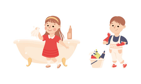Cute kids doing housework chores set. Little girl cleaning bathtub, boy in gloves using detergents cartoon vector illustrationのイラスト素材