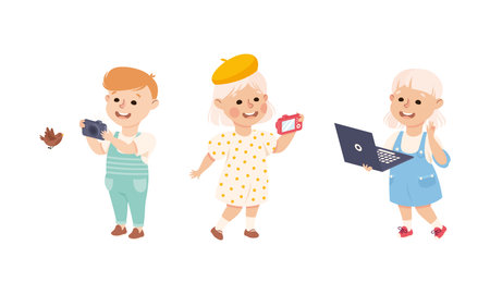 Cute Boy and Girl Taking Photo with Camera and with Laptop Vector Setのイラスト素材