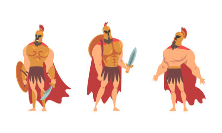Spartan Man in Red Cloak and Helmet Armed with Sword and Shield Standing Vector Setのイラスト素材