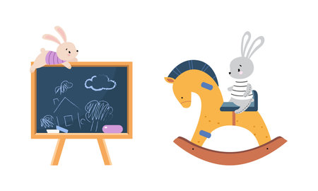 Chalkboard with Hare and Rocking Wooden Horse as Colorful Kids Toy Vector Setのイラスト素材
