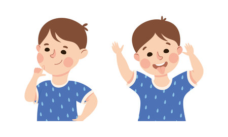 Little Boy Thinking and Putting out Tongue Demonstrating Facial Expression and Emotion Vector Setのイラスト素材