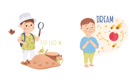 Little Boy Following Footprint Hiking and Dreaming About Space Discovery Vector Setのイラスト素材