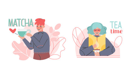 Tea Time Break with Man and Woman Character with Hot Drink in Cup Vector Setのイラスト素材