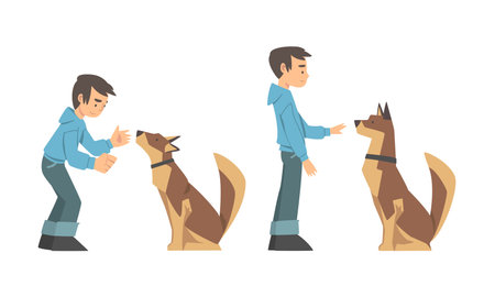Young Boy Training His Dog Teaching Him Command Vector Illustration Setのイラスト素材