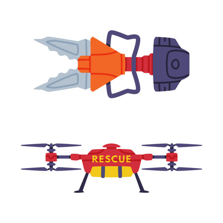 Hydraulic Chopper or Shears and Quadcopter as Rescue Equipment for Urgent Saving of Life Vector Setのイラスト素材