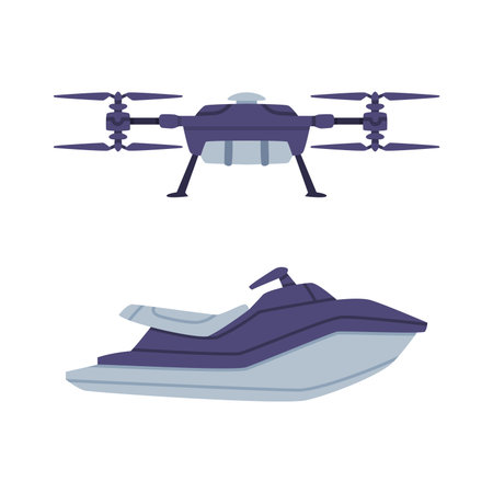 Motor Boat and Quadcopter as SWAT or Rescue Vehicle and Police Tactical Unit Vector Setのイラスト素材