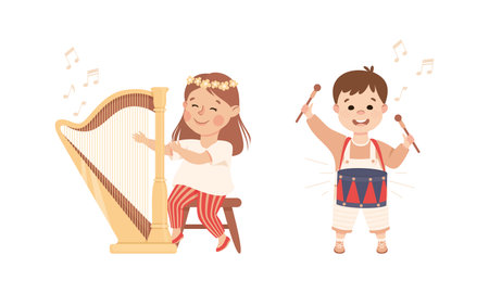 Set of adorable kids playing musical instruments. Cute children playing harp and drum instruments cartoon vector illustrationのイラスト素材
