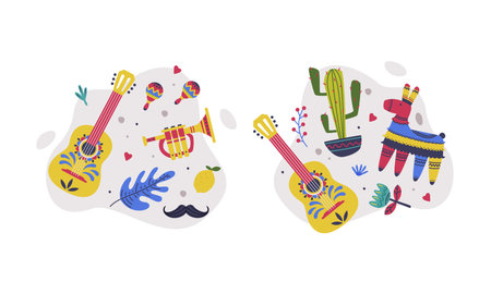 Set of Mexican symbols. Colorful pinata, guitar, cactus, Cinco De Mayo holiday signs cartoon vector illustrationのイラスト素材