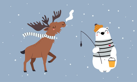 Set of cute wild polar animals. Reindeer and bear mammals vector illustrationのイラスト素材