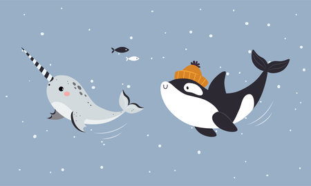Set of cute wild polar animals. Narwhal and grampus marine mammals vector illustrationのイラスト素材