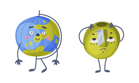 Set of funny school supplies characters. Globe and pencil sharpener stationery mascots with cute faces cartoon vector illustrationのイラスト素材