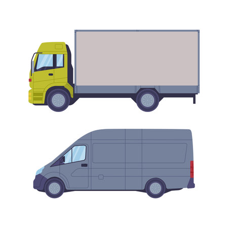 Set of commercial van and truck. Side view of delivery trucks cartoon vector illustrationのイラスト素材