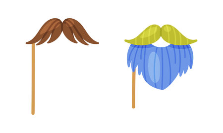 Moustache and beard on stick. Carnival party objects set cartoon vector illustrationのイラスト素材
