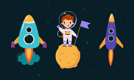 Space exploration and adventures. Boy astronaut in spacesuit and rockets vector illustrationのイラスト素材