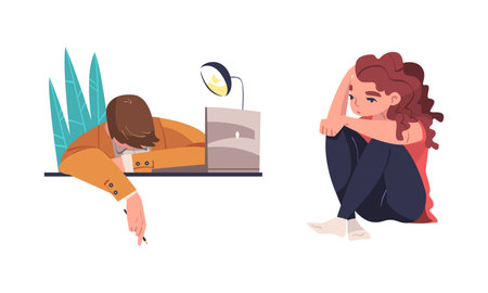 Set of tired, exhausted people. Office employee sleeping at desk in front of laptop computer, unhappy girl sitting on floor cartoon vector illustrationのイラスト素材