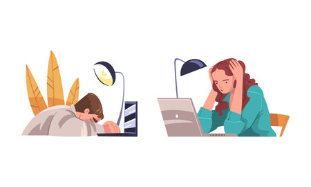 Set of tired, exhausted people. Sleepy office employees sitting at desk in front of laptop computer cartoon vector illustrationのイラスト素材