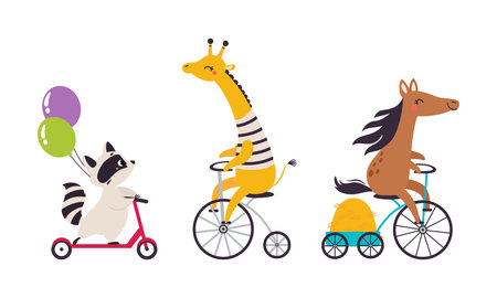 Cute baby animals enjoying ride. Giraffe and horse on bike, raccoon on kick scooter cartoon vector illustrationのイラスト素材