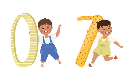Cute happy kids with numbers. Joyful boysl holding zero and seven number. Birthday ages, party decoration, education materials cartoon vector illustrationの写真素材