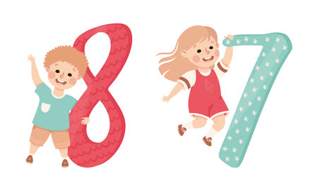 Cute happy kids with numbers. Joyful boy and girl holding eight and seven number. Birthday ages, party decoration, education materials cartoon vector illustrationのイラスト素材