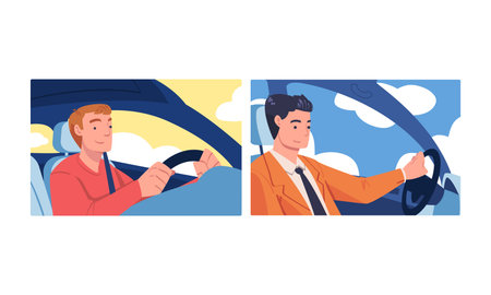 Cheerful men driving car. Auto drivers holding steering wheel with sky in background cartoon vector illustrationのイラスト素材