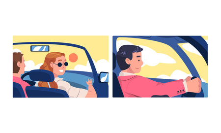 Cheerful man and woman driving car. Auto drivers sitting inside car enjoying holiday trip cartoon vector illustrationのイラスト素材