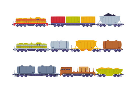 Freight railway transport set. Logistics industry and cargo transportation flat vector illustrationのイラスト素材