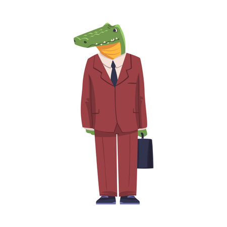 Crocodile as Animal Office Employee Wearing Formal Corporate Suit Standing with Briefcase Vector Illustration