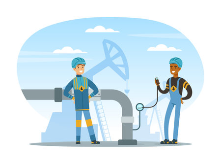 Oil or Petroleum Industry with Man Character in Blue Uniform Taking Measurement Vector Illustrationのイラスト素材