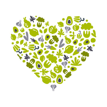 Organic Farm Food Heart Arrangement with Hand Drawn Green Eco Crop Vector Templateのイラスト素材