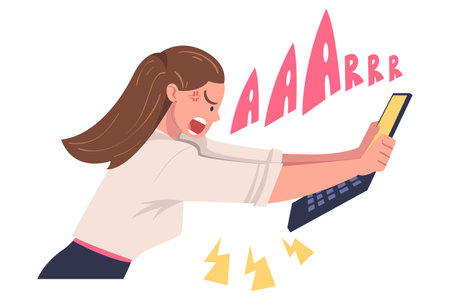 Furious Woman Office Employee with Fierce Face Crashing and Breaking Laptop Vector Illustrationのイラスト素材