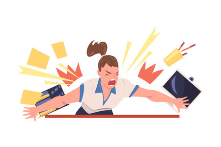 Furious Woman Office Employee with Fierce Face Crashing and Breaking Everything Around Vector Illustrationのイラスト素材